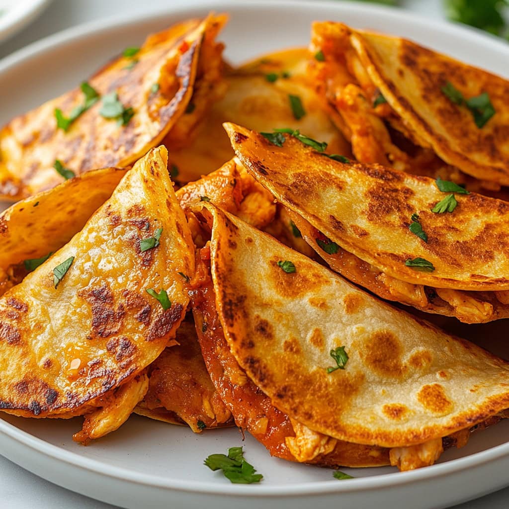 Crispy Chicken Tacos on a plate, close up