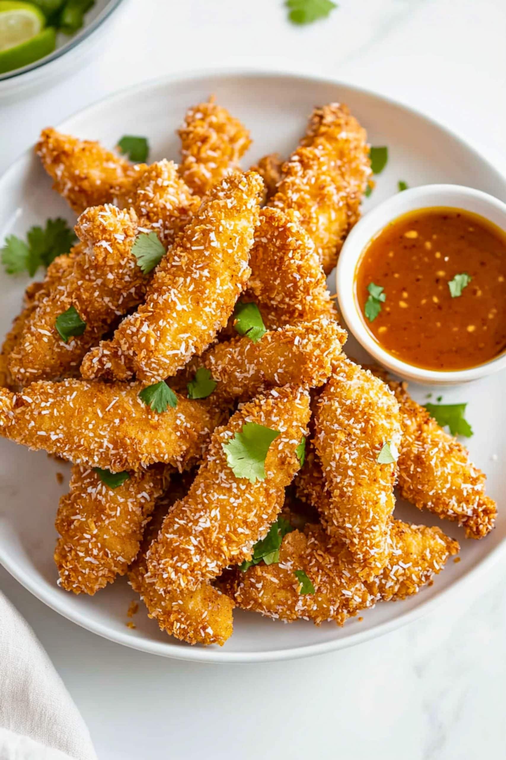 Bunch of crispy chicken tenders coated in sweetened coconut and bread crumbs arranged in a white plate with sweet chili sauce. 