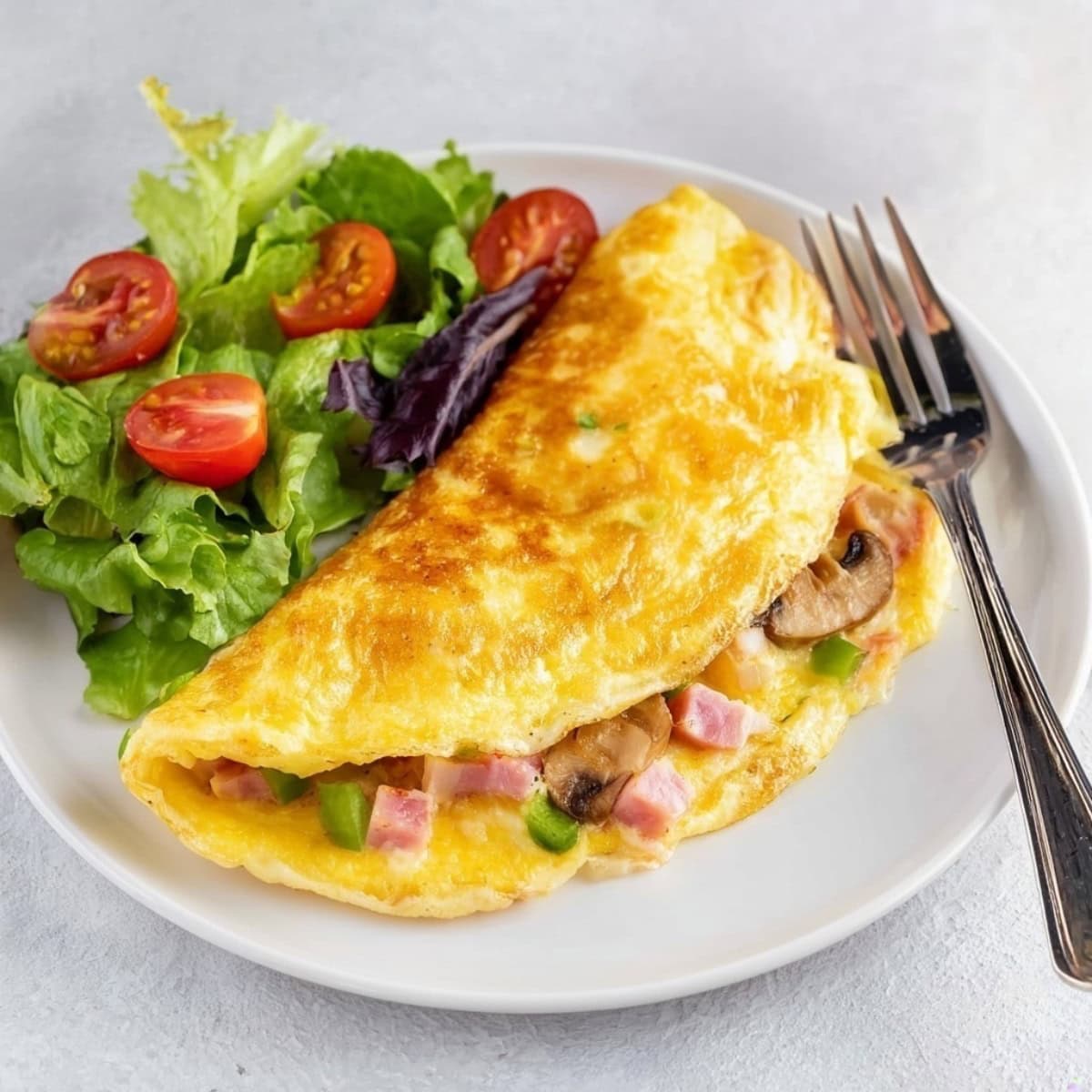 Denver omelette with ham, green bell peppers and mushrooms served with vegetable salad.