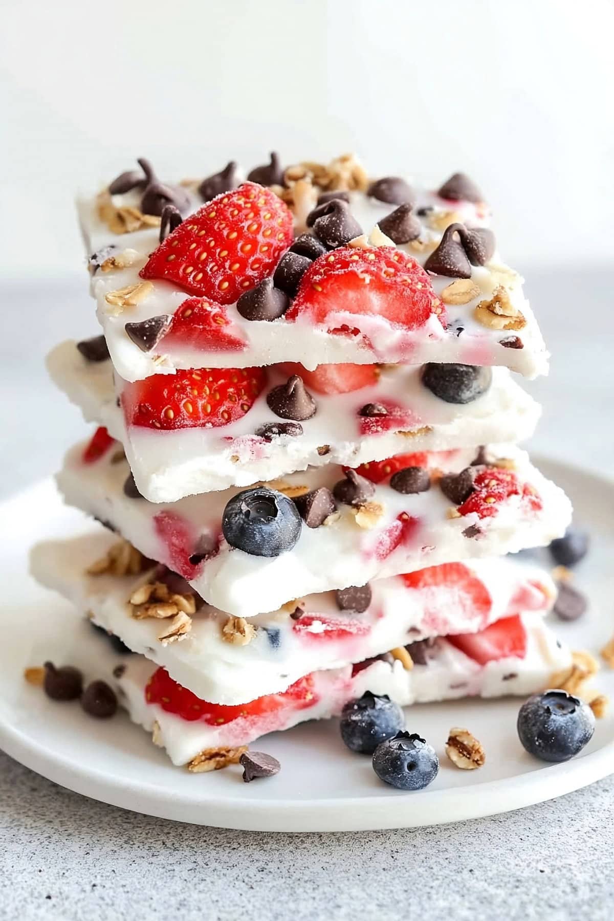 Close-up of frozen yogurt bark with a variety of fresh fruits and nuts embedded in the creamy yogurt layer, stacked on a plate