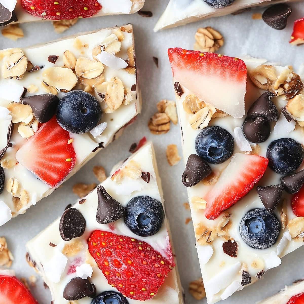 A tray of frozen yogurt bark broken into pieces, with vibrant pieces of fruit and chocolate chips, top view