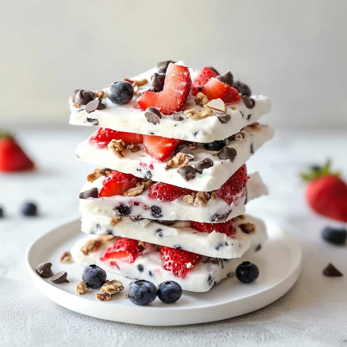 Frozen yogurt bark with berries, nuts and chocolate chips.