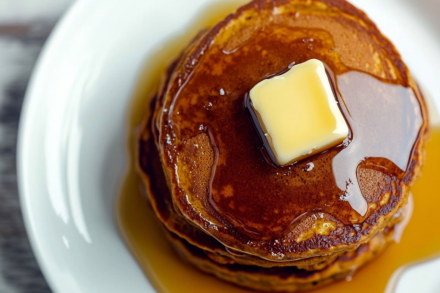 Overhead view of gingerbread pancakes served with syrup.