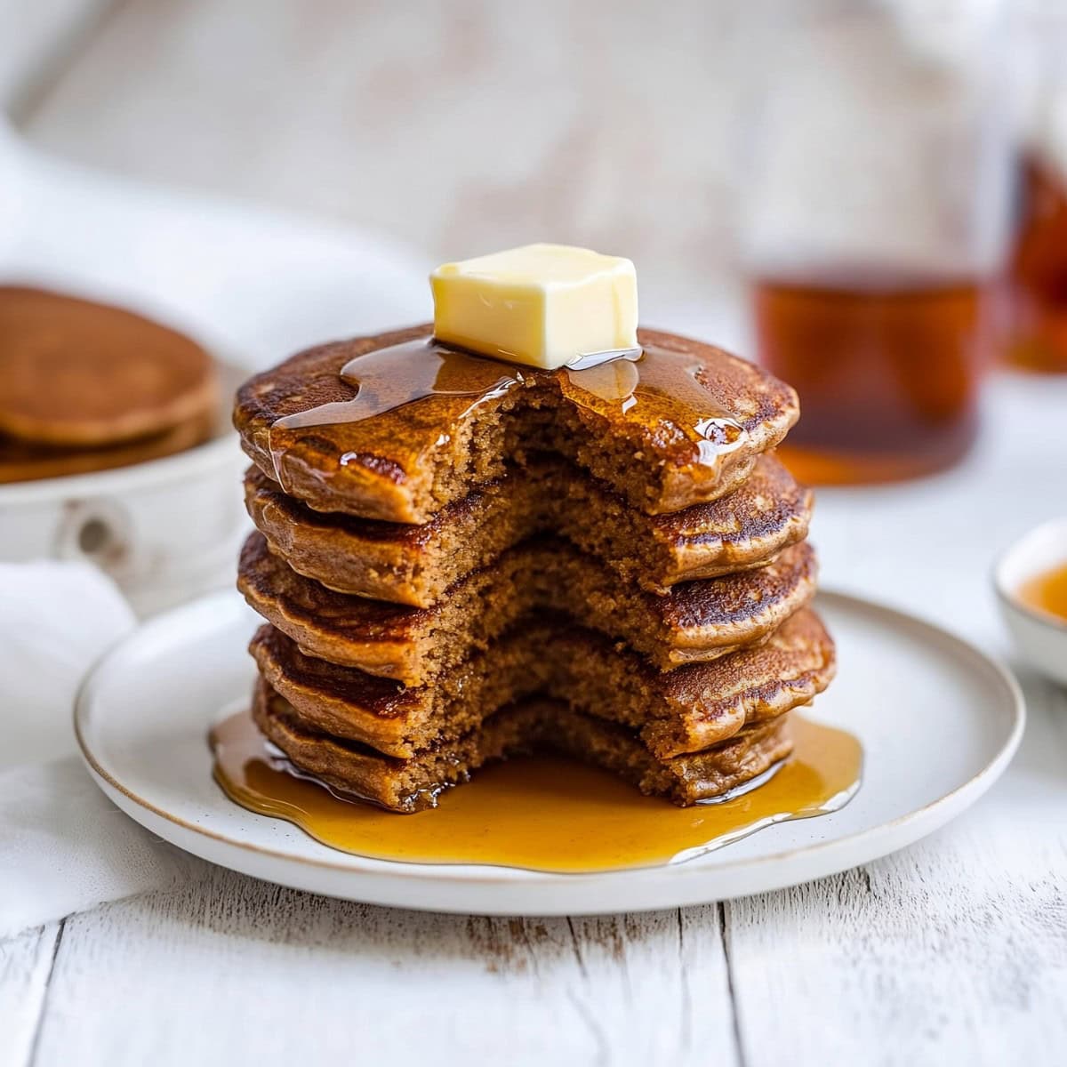 A stack of fluffy gingerbread pancakes with a wedge cut out, served on a plate with butter and syrup