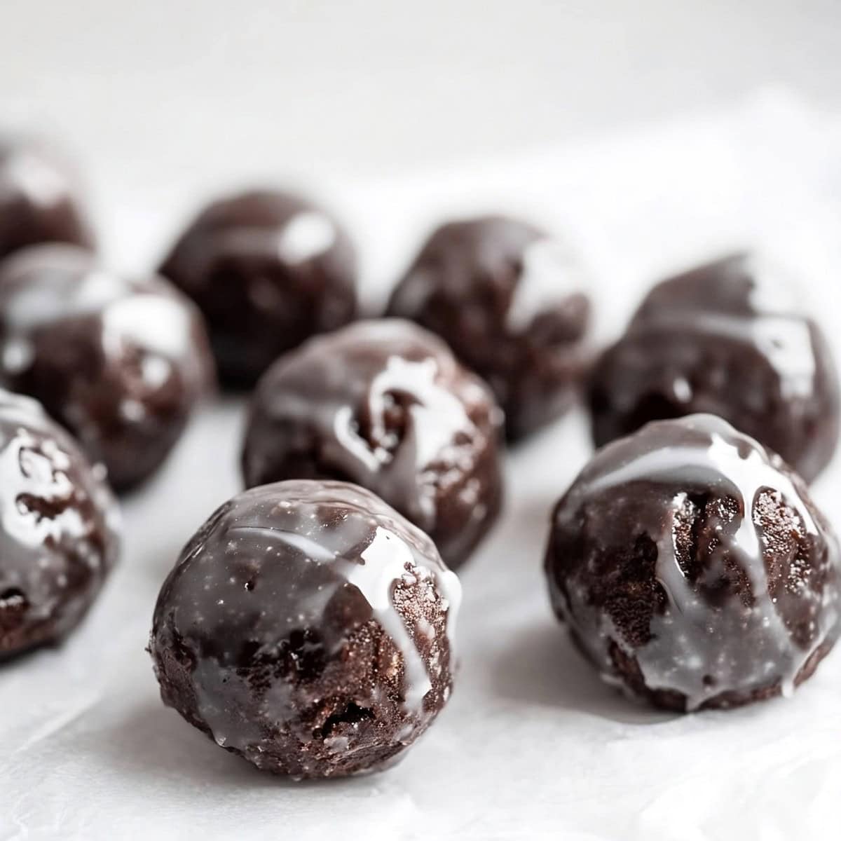 Glazed chocolate donut holes on parchment paper, close-up