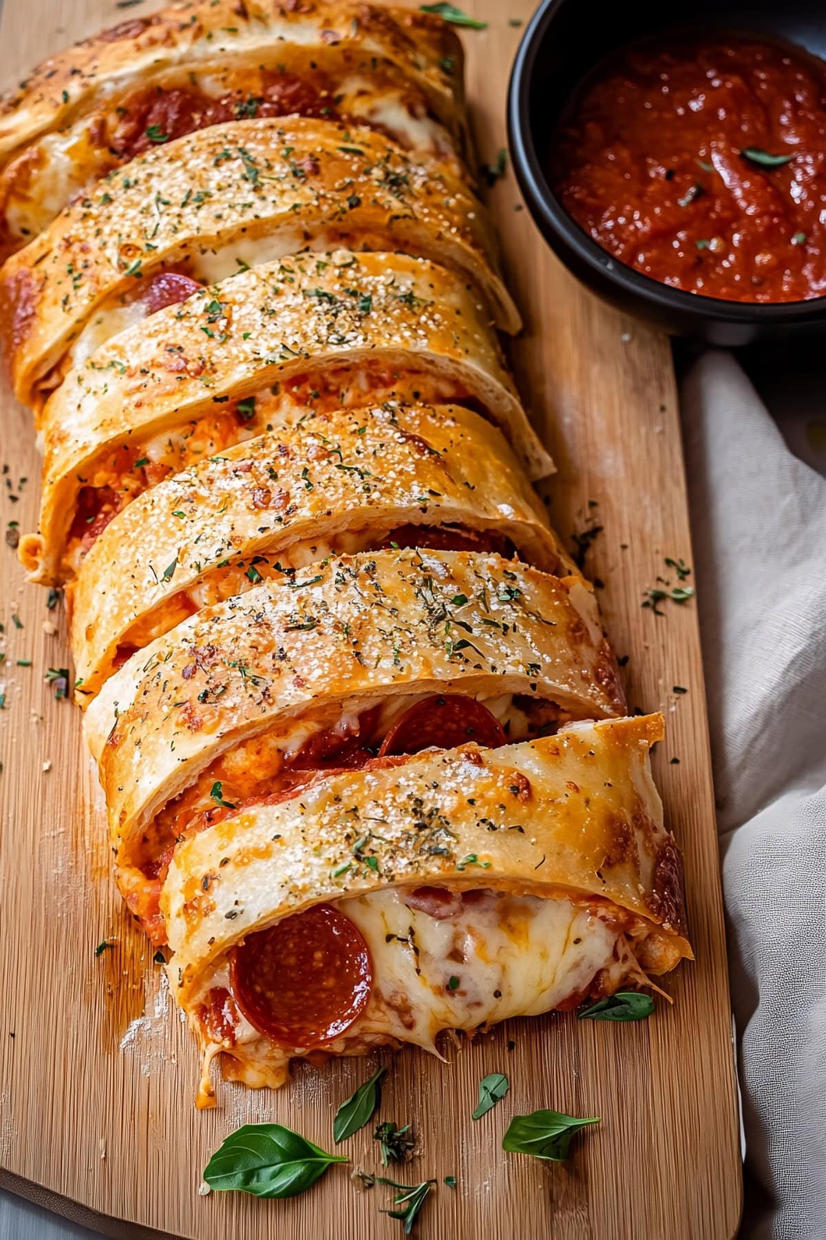 Pepperoni Stromboli with Marinara Sauce on the Side.