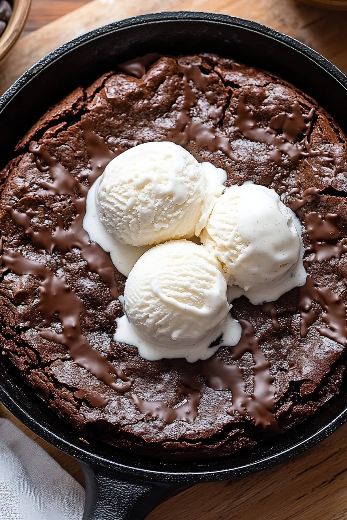 Homemade skillet brownie topped with three scoops of ice cream, top view