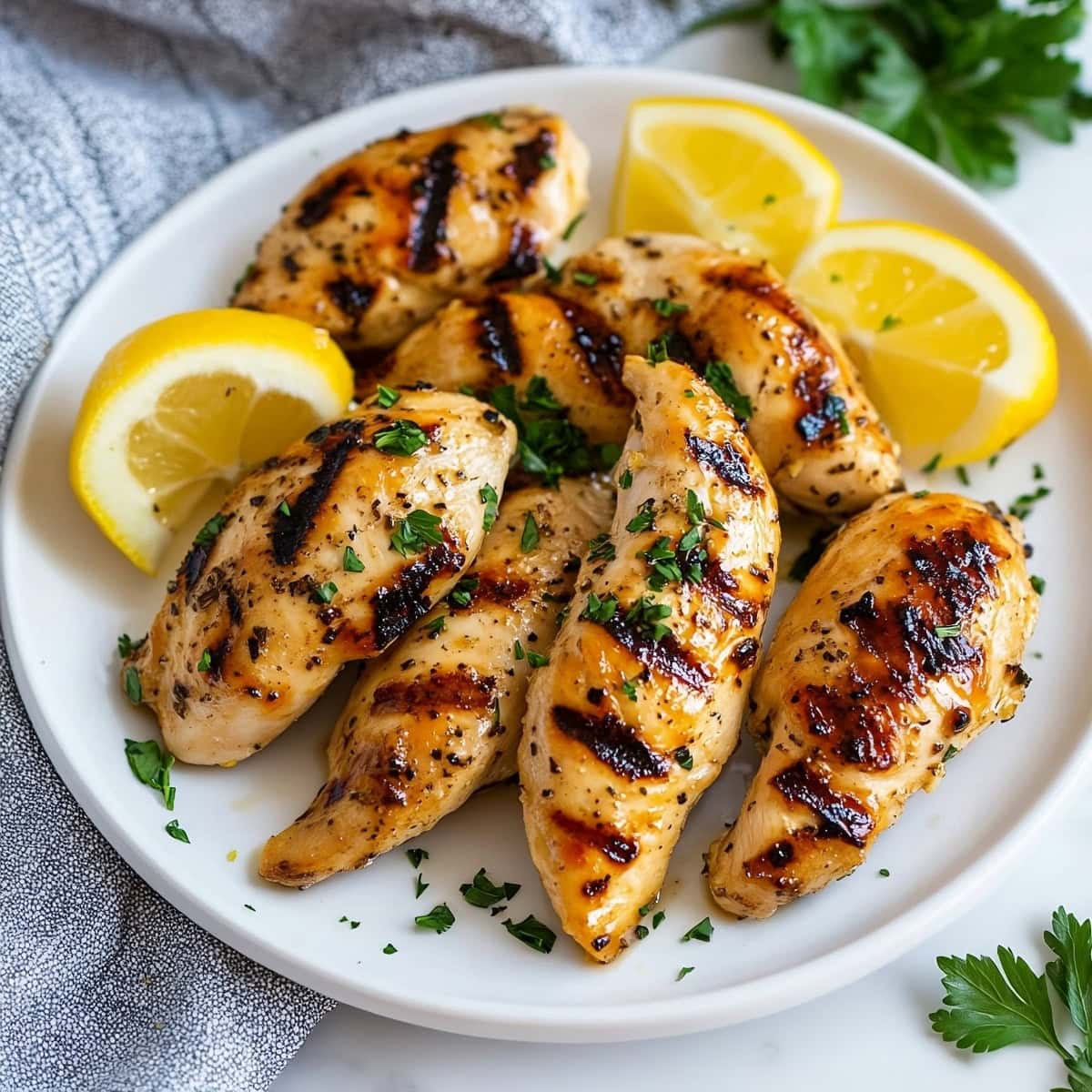 Perfectly grilled chicken tenders with lemon slices in a white plate.