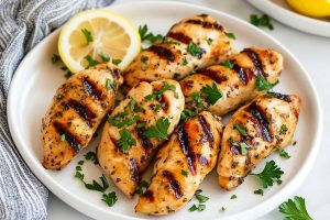 A close-up of tender and juicy grilled chicken tenders in a white plate.