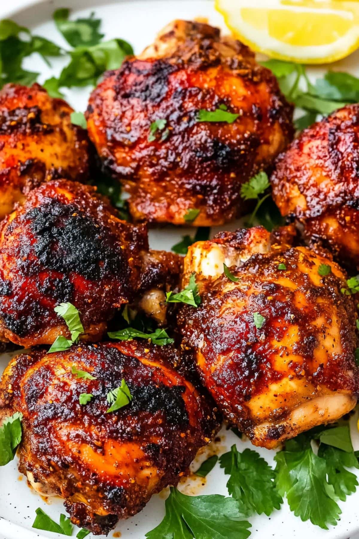 Grilled harissa honey chicken served on a white plate garnished with chopped cilantro and lemon wedges.