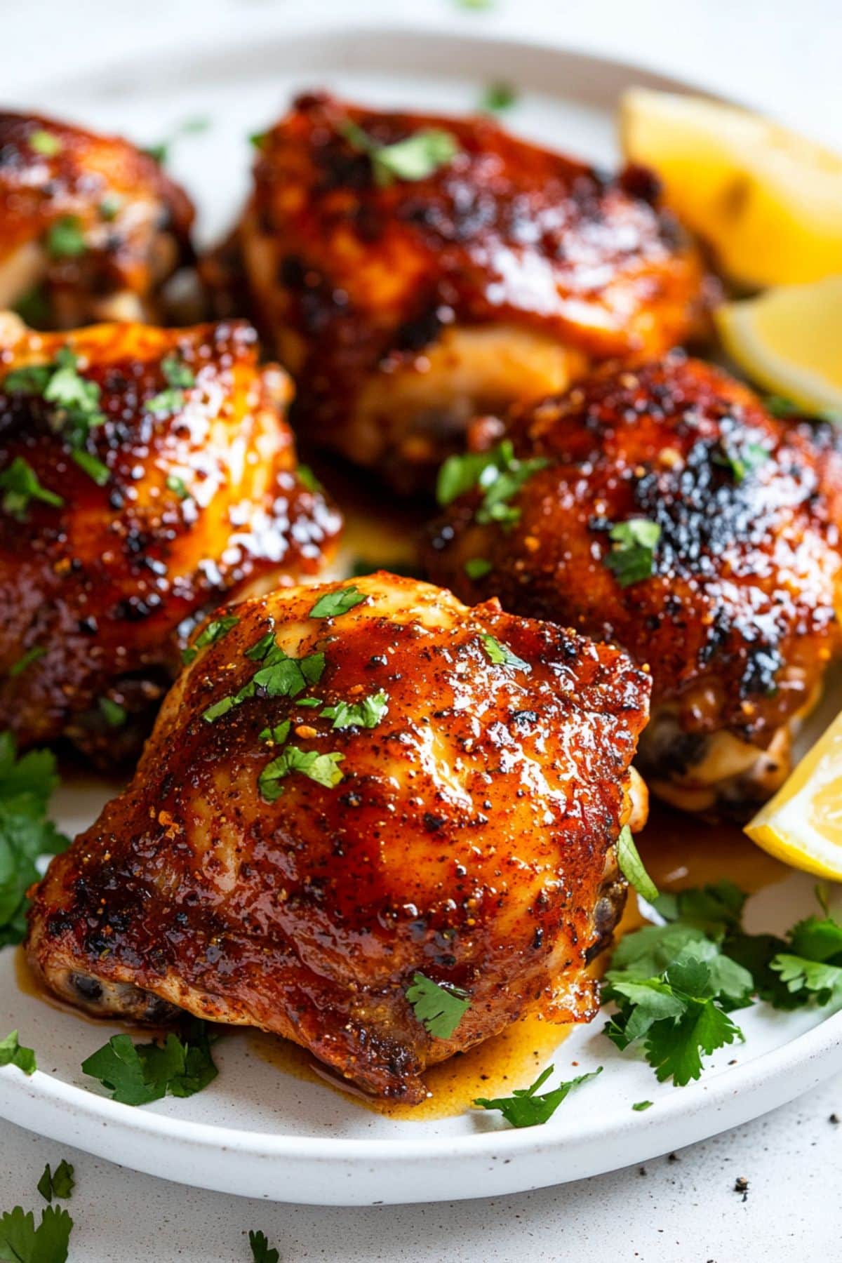 Grilled marinated chicken thighs served on a white plate with harissa honey glaze, close up.