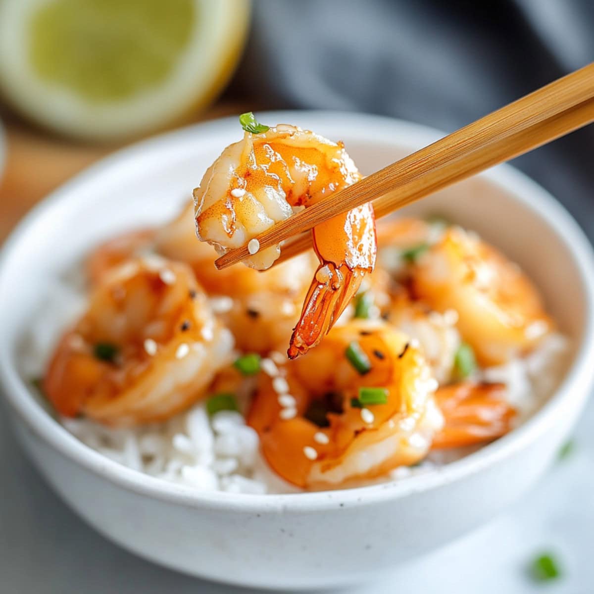 Chopsticks holding a piece of shrimp from a whole serving in a bowl.