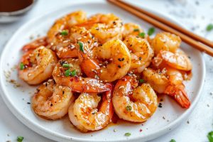 Hibachi shrimp served in a white plate.