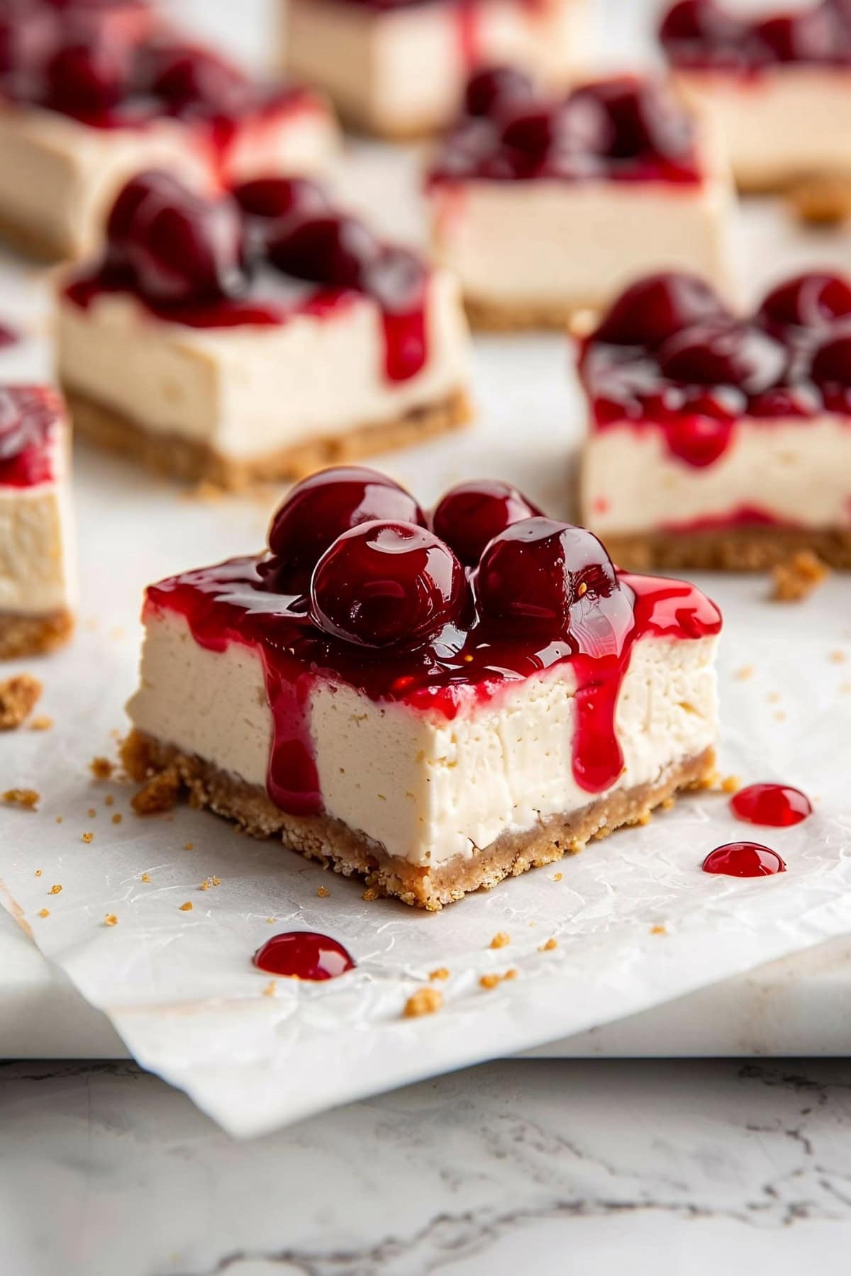 Rich and creamy homemade cherry cheesecake bars.