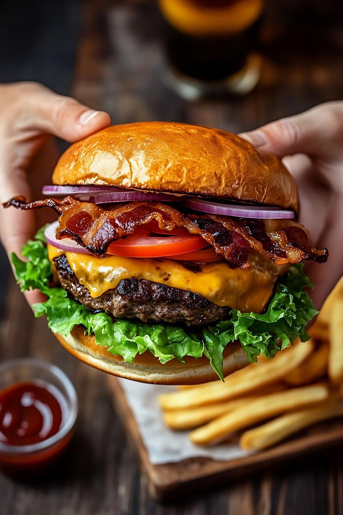 Jack Daniels burger with bacon, tomatoes, onions and lettuce.