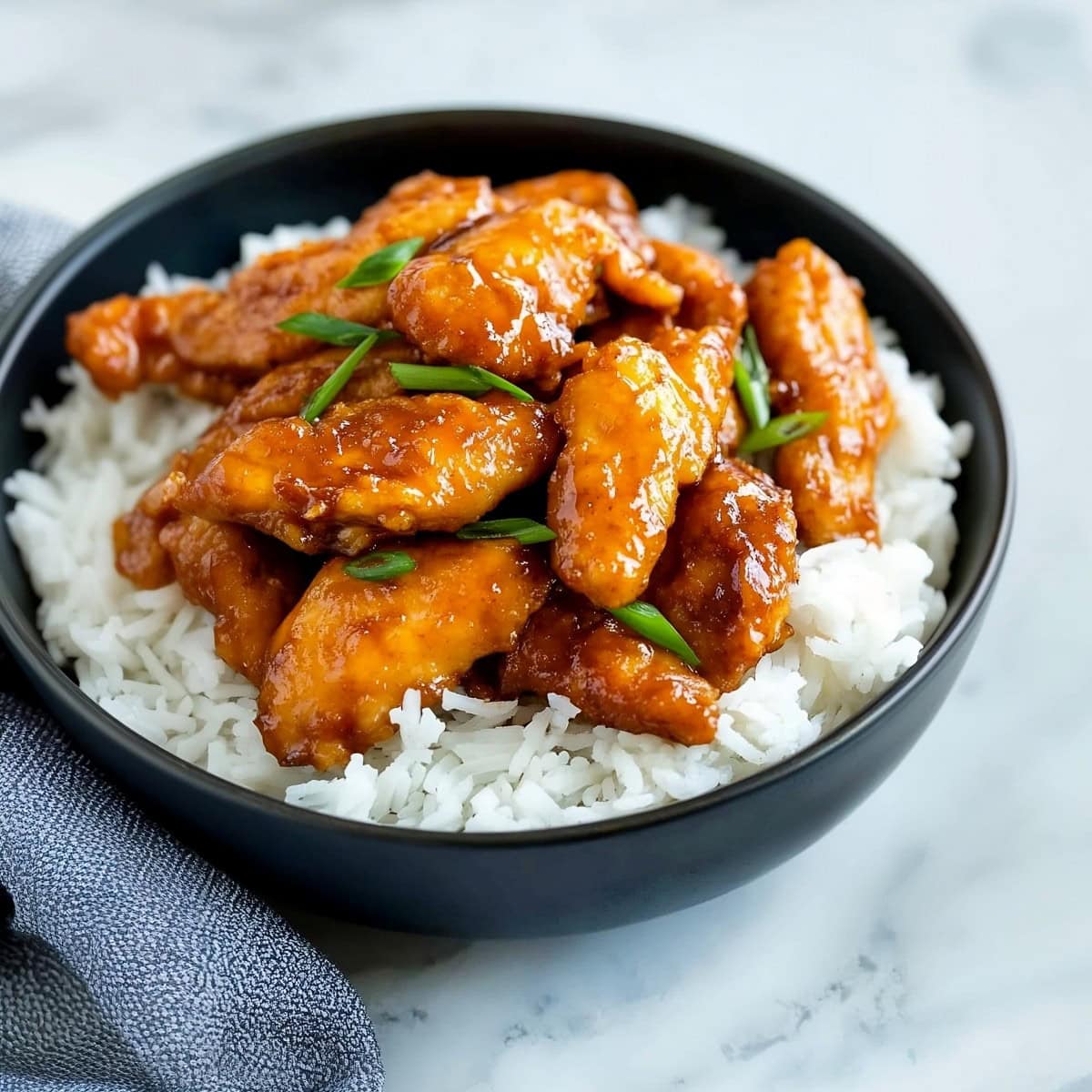 Delicious Mongolian chicken strips with rice.