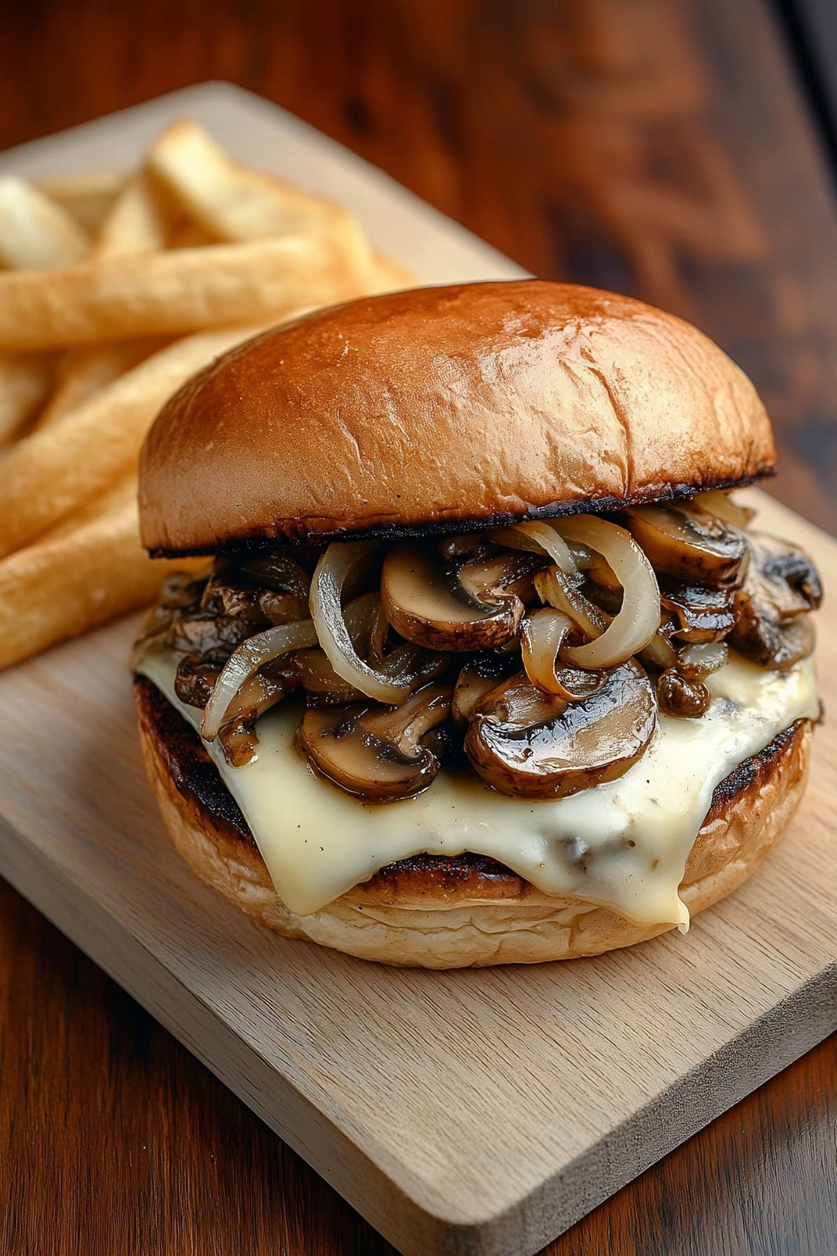 Juicy mushroom Swiss burger with melted cheese and sautéed onions.