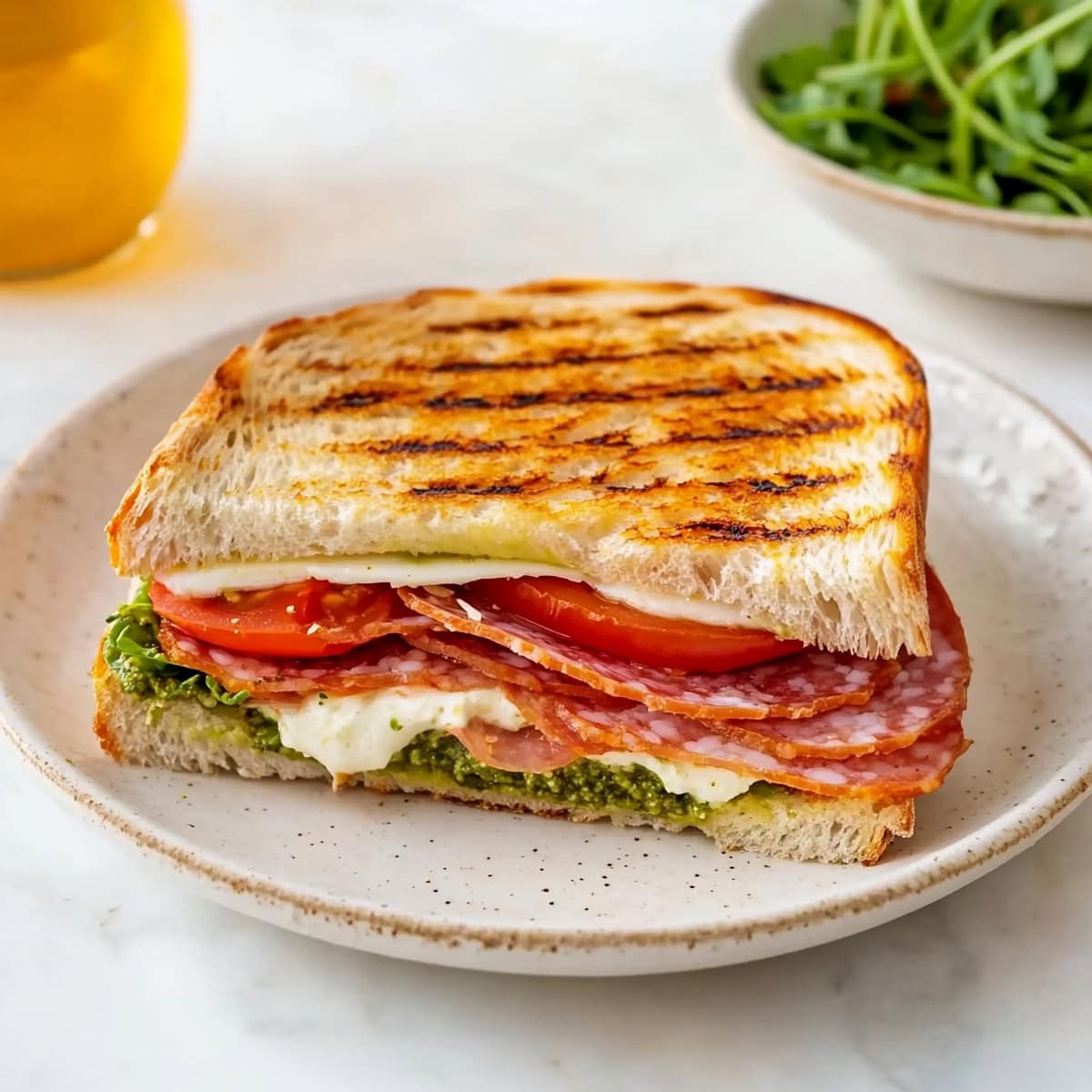 Italian panini with meat and vegetables in a plate.