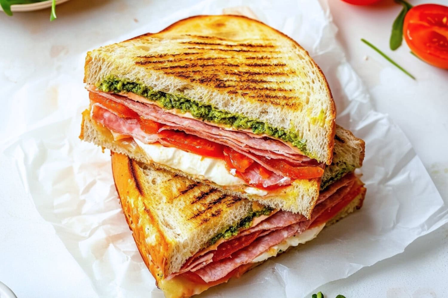 Grilled Italian panini with savory meats and fresh tomatoes on rustic bread.