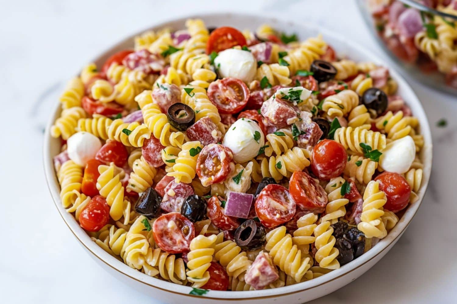 Italian pasta salad served in a whit bowl.