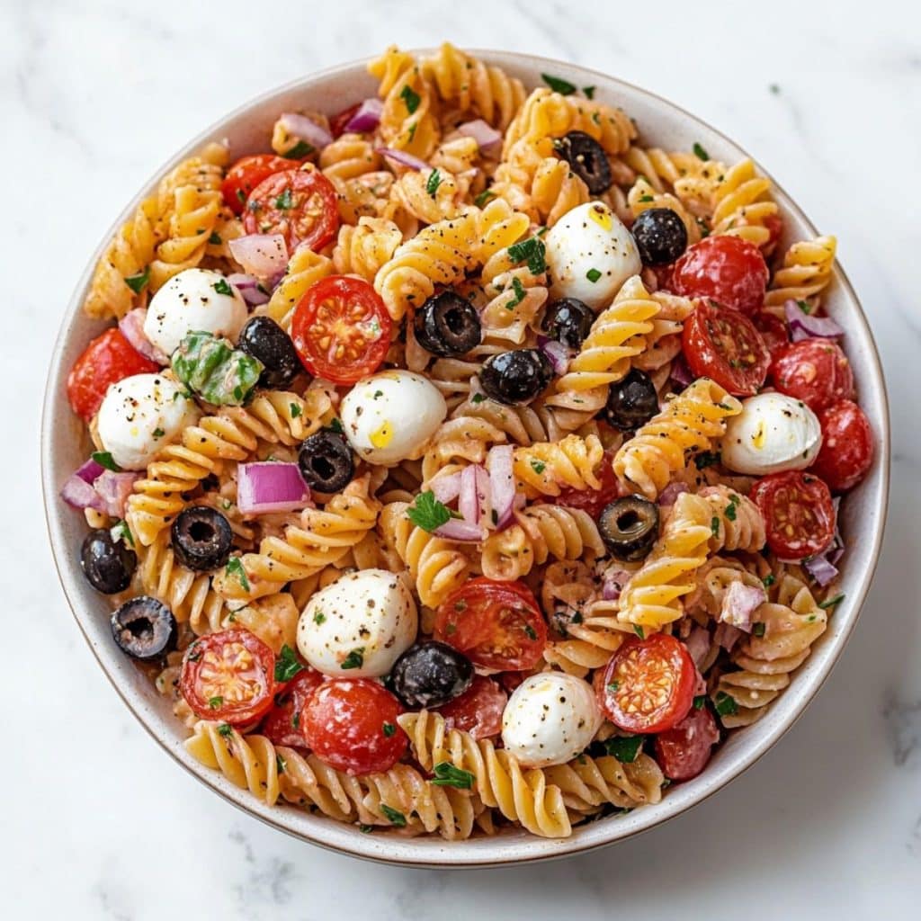 Italian pasta salad with rotini pasta, e tomatoes, mozzarella, salami, roasted peppers, olives, onion, parsley, and basil served in a white bowl.