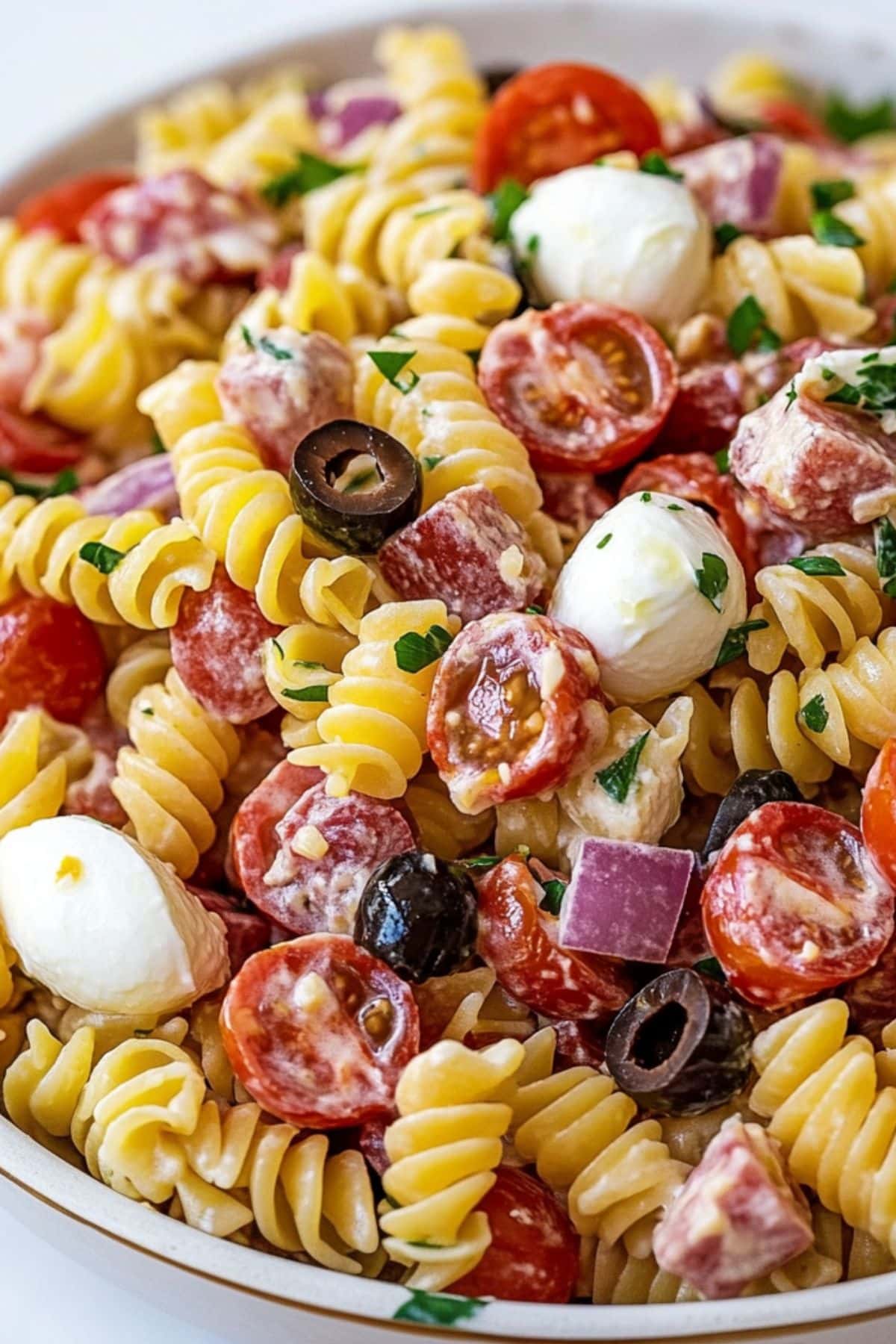 Closeup of serving of Italian pasta served in a white 
bowl.