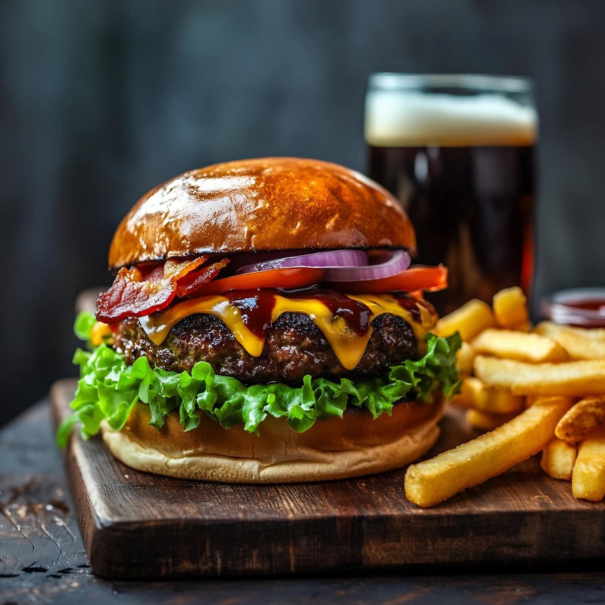 Homemade Jack Daniels burger served with fries and beer