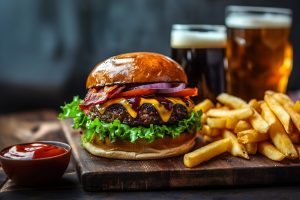 Hearty Jack Daniel's burger with vegetables, bacon and a smoky flavor.