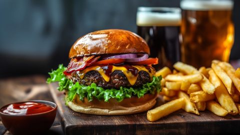 Hearty Jack Daniel's burger with vegetables, bacon and a smoky flavor.