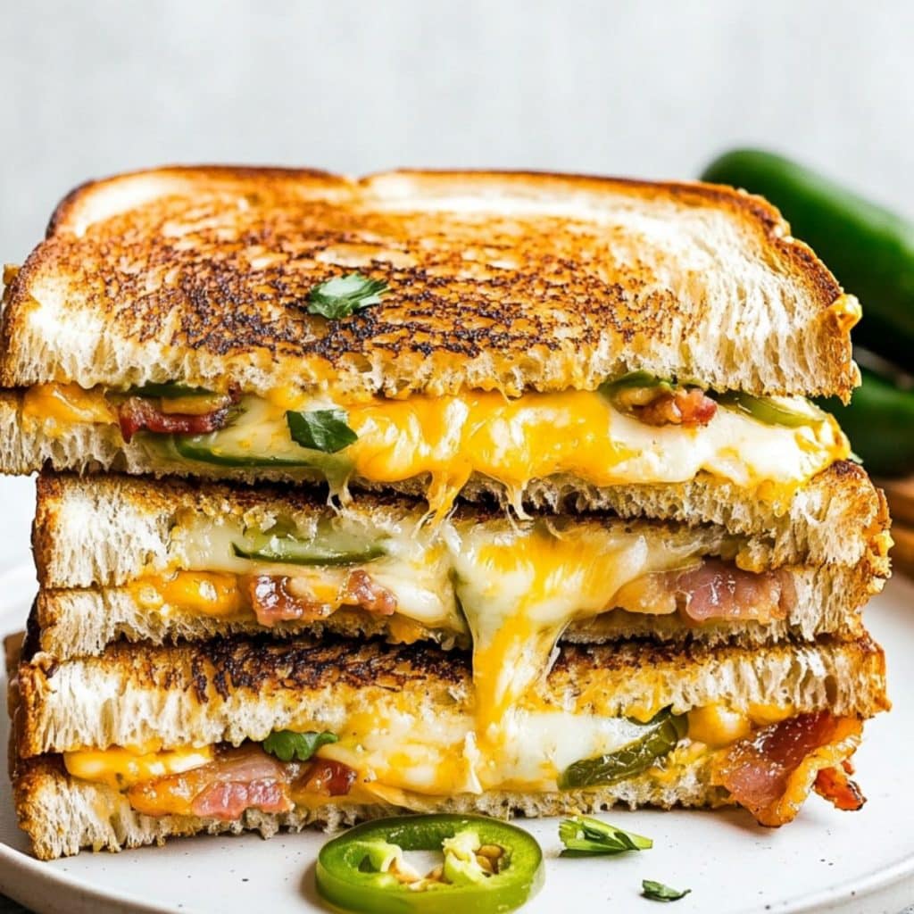 Jalapeño Popper Grilled Cheese cut in half to show melted cheddar, crumbled bacon, and a cream cheese spread filling served on a white plate.