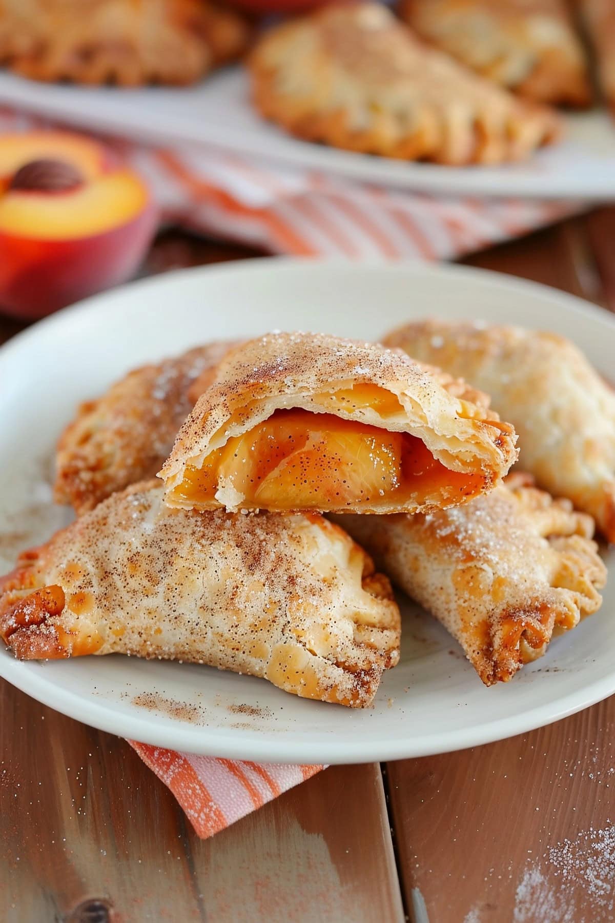 Golden brown peach hand pies with a flaky crust and juicy filling on a plate.