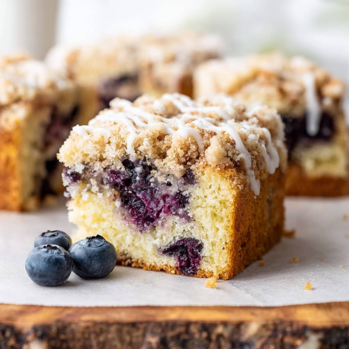 Lemon blueberry coffee cake drizzled with vanilla icing.