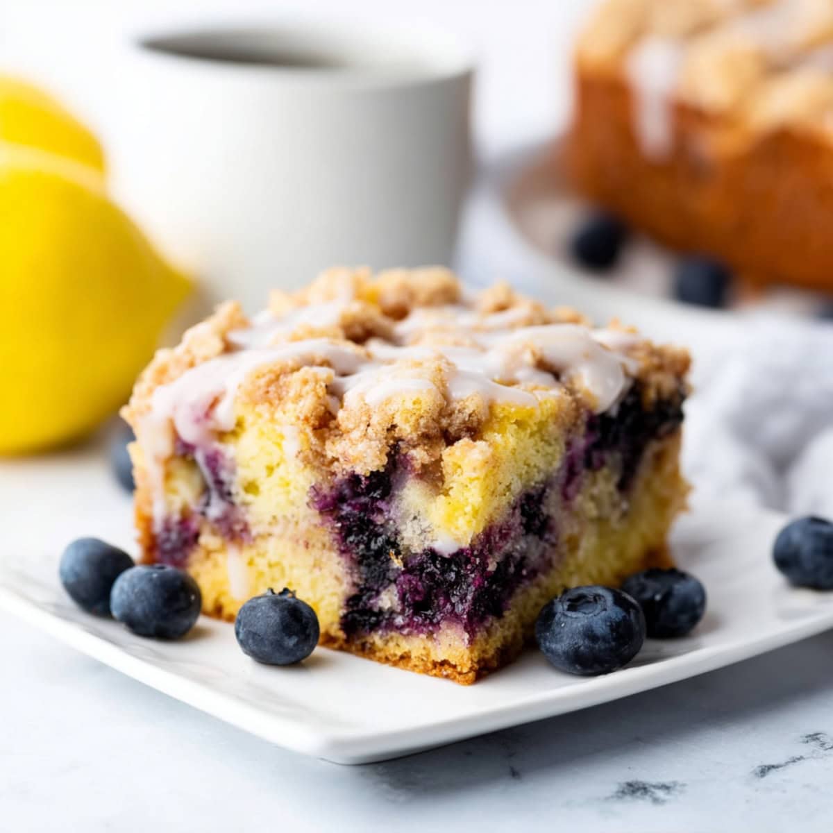 Square slice lemon blueberry coffee cake in a white plate.