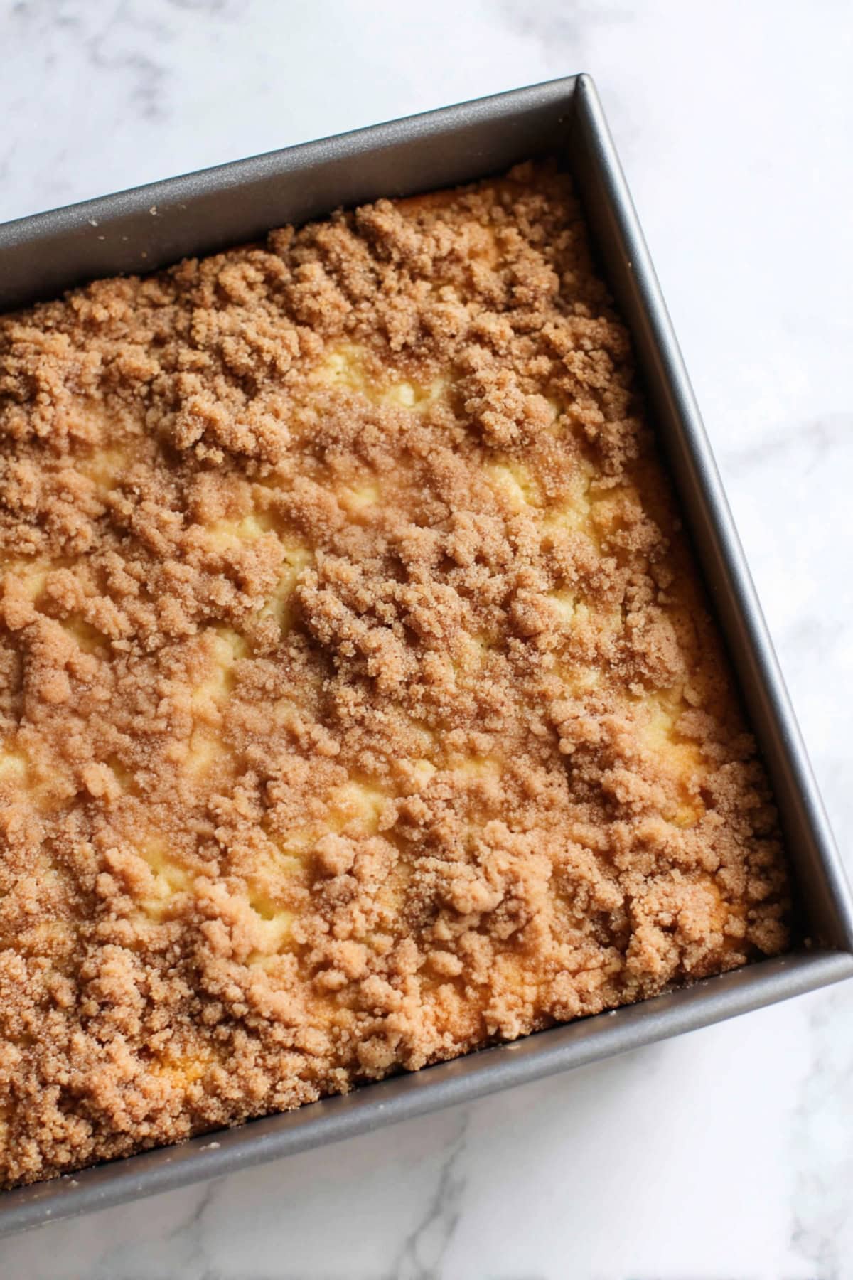 Freshly baked lemon blueberry coffee cake in a square pan with a golden, buttery streusel topping.
