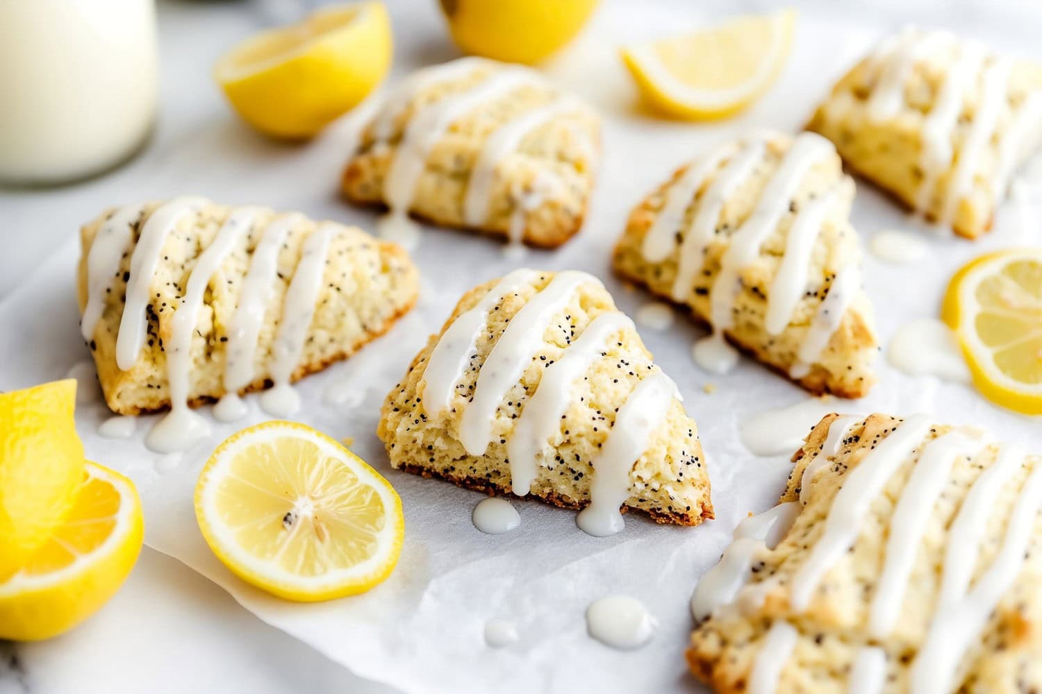 A warm lemon poppyseed scone with a drizzle of icing