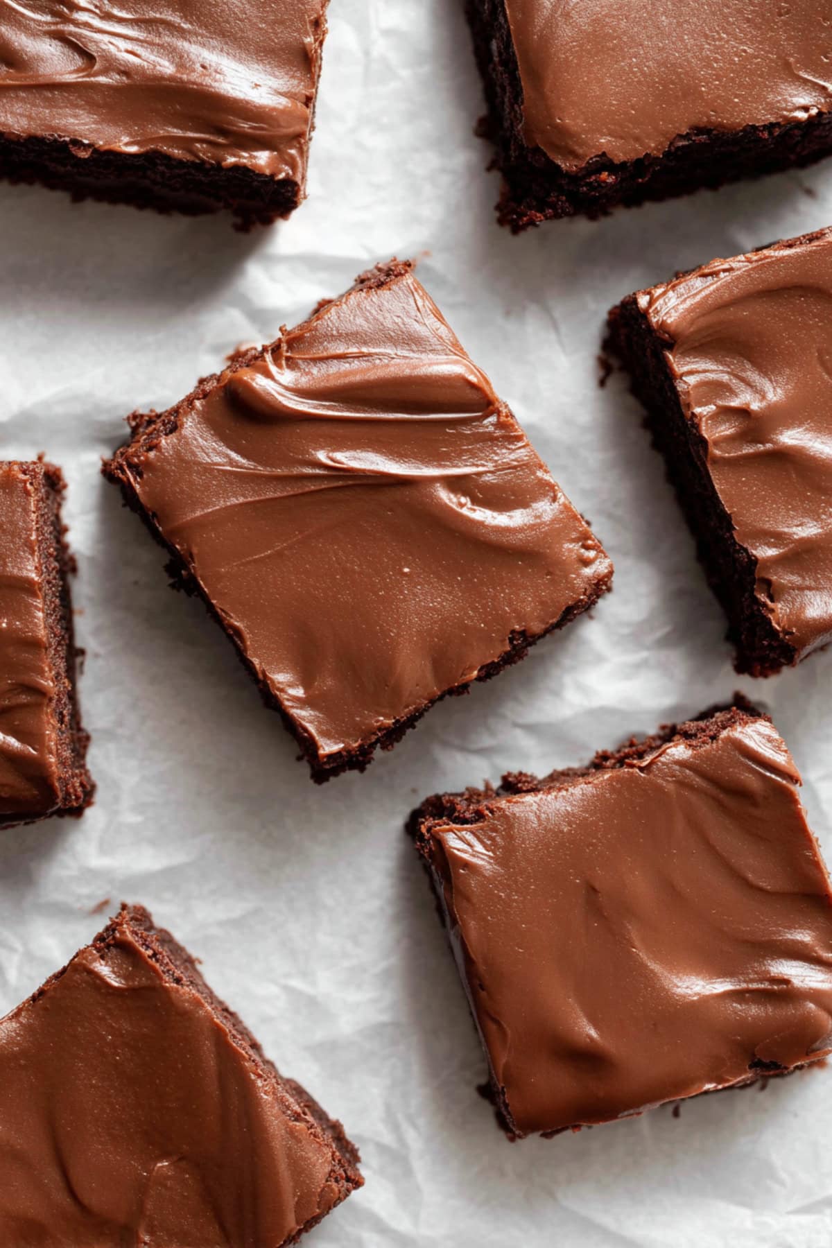 Square slices of Lunch Lady brownies arranged neatly on parchment paper.