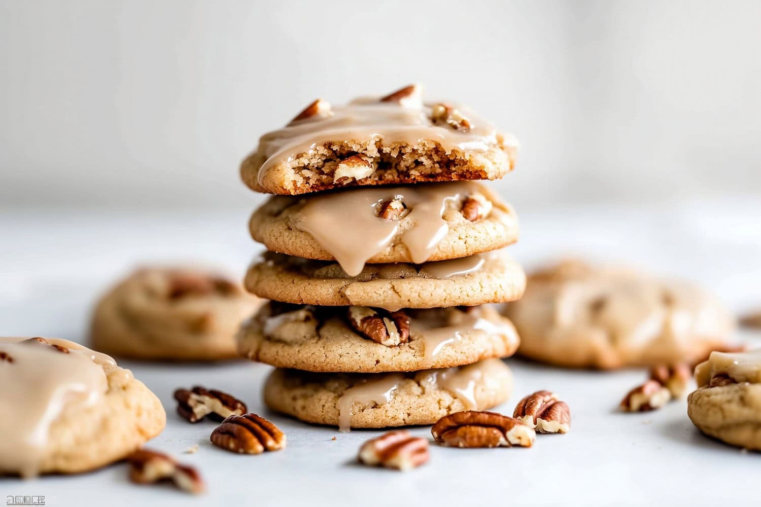 Stacked maple cookies with maple icing and chopped pecans on a white marble table.