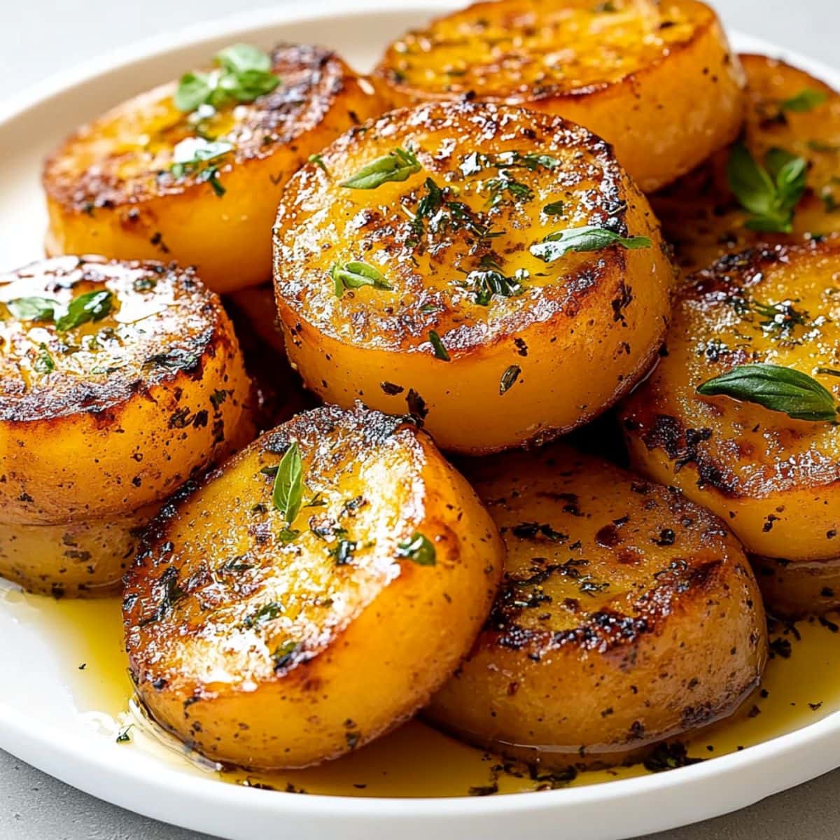 Melting potatoes with buttery sauce served in a white plate.