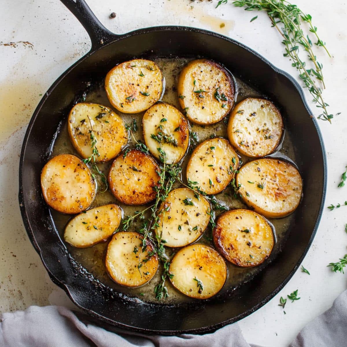 Round sliced potatoes cooked in a skillet pan with buttery sauce.