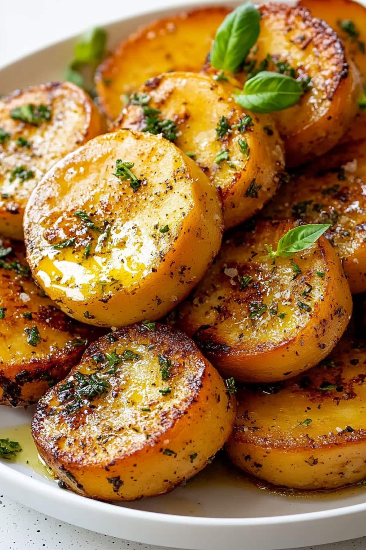 Potatoes sliced in rounds baked with buttery sauce served in a white plate.