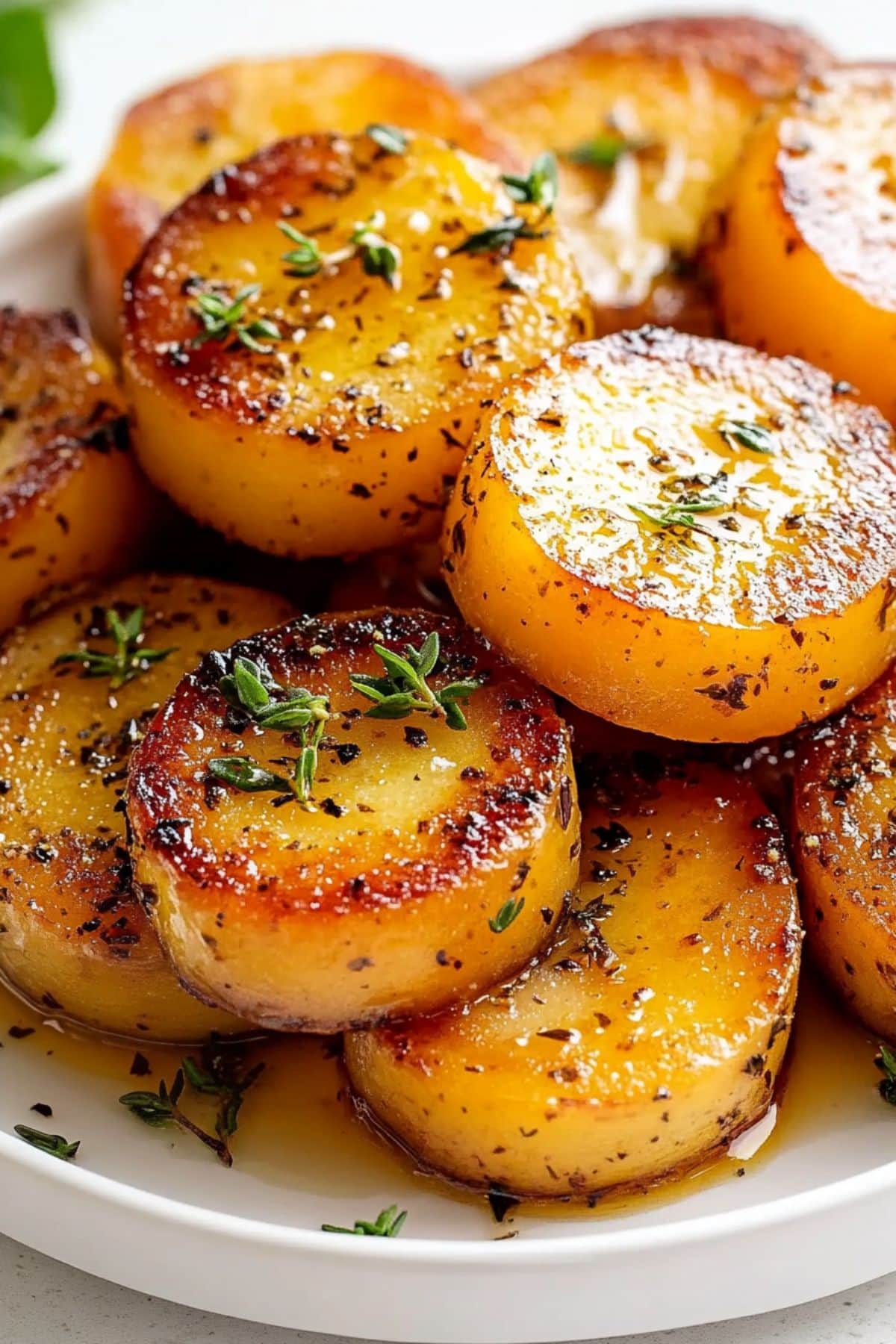 Buttery baked sliced in rounds potatoes served on a white plate.