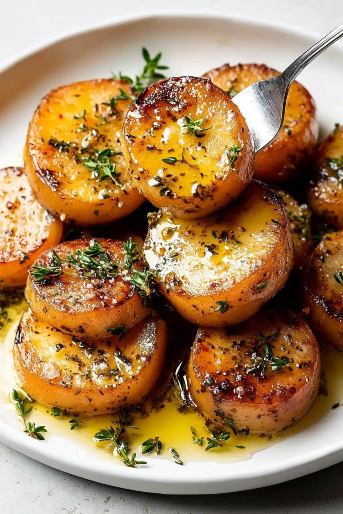 Melting potatoes with fork served on a white plate.