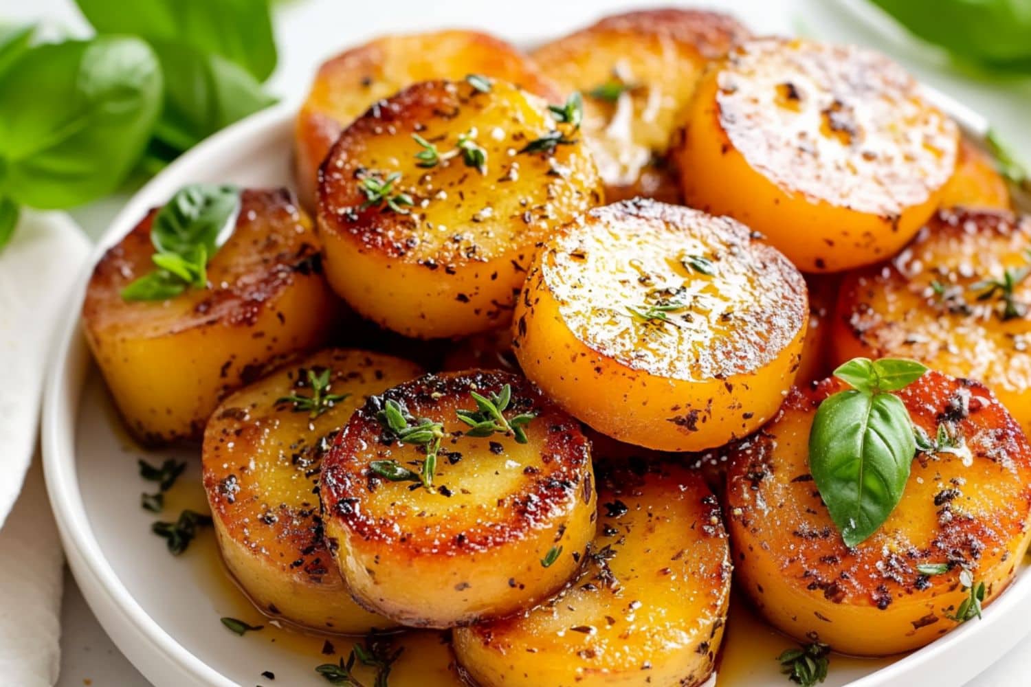 Melting potatoes in buttery sauce and herbs served on a white plate.