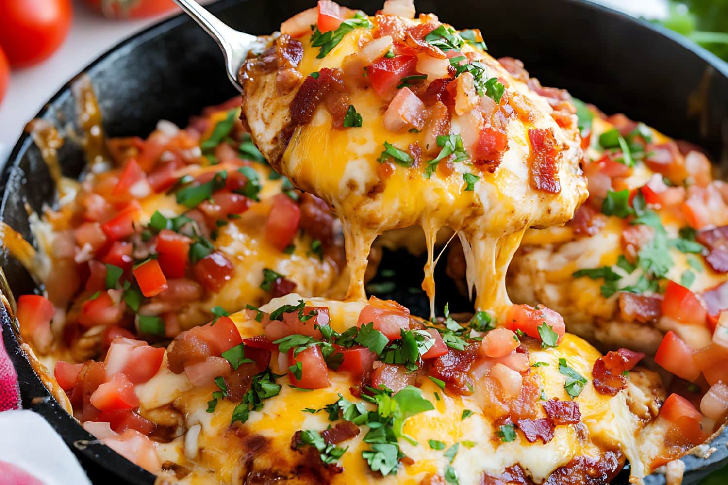 Monterey chicken in cast iron skillet pan.