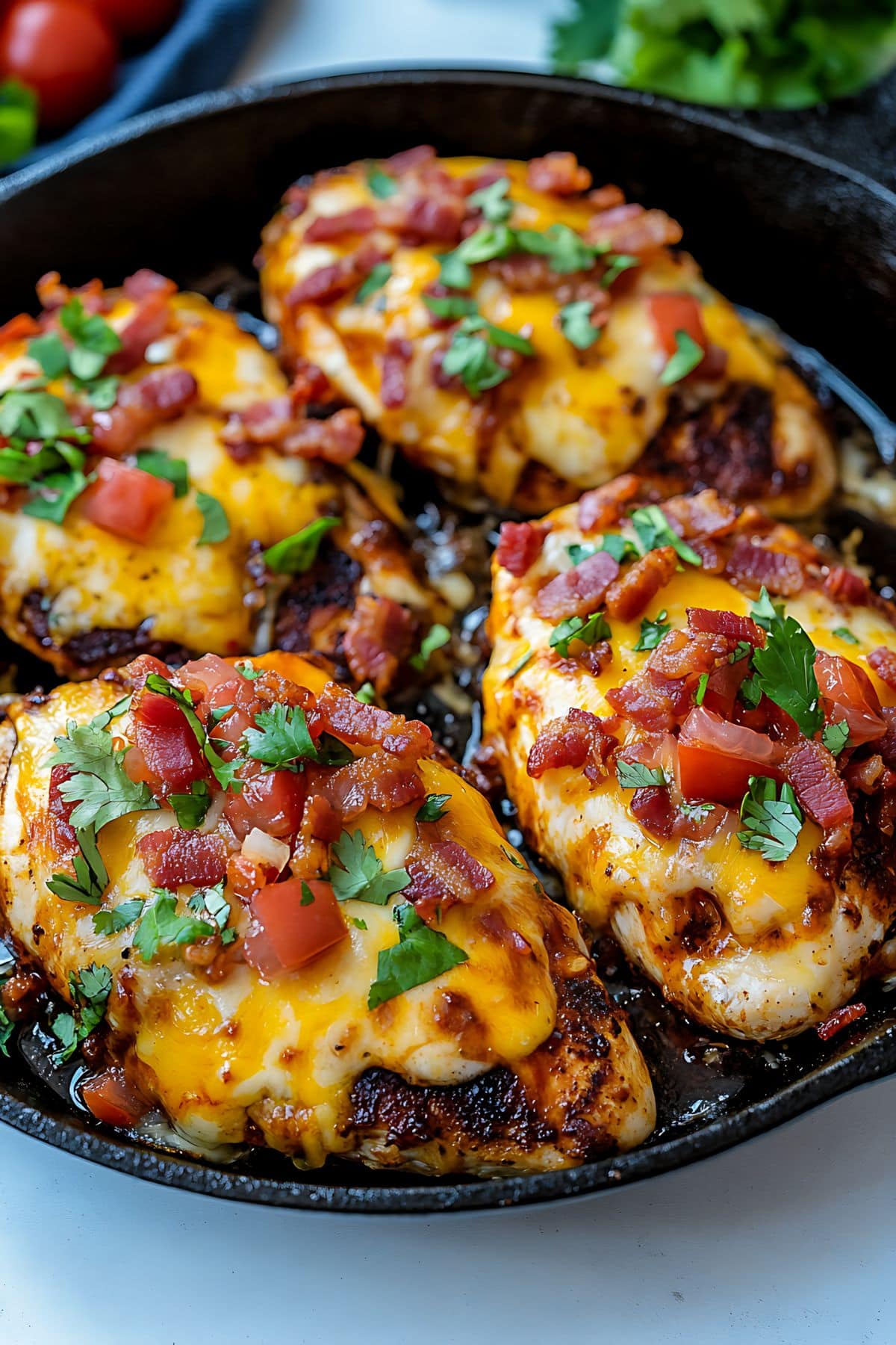 Cheesy chicken breasts garnished with chopped tomatoes and crumbled bacon cooked in a skillet pan.