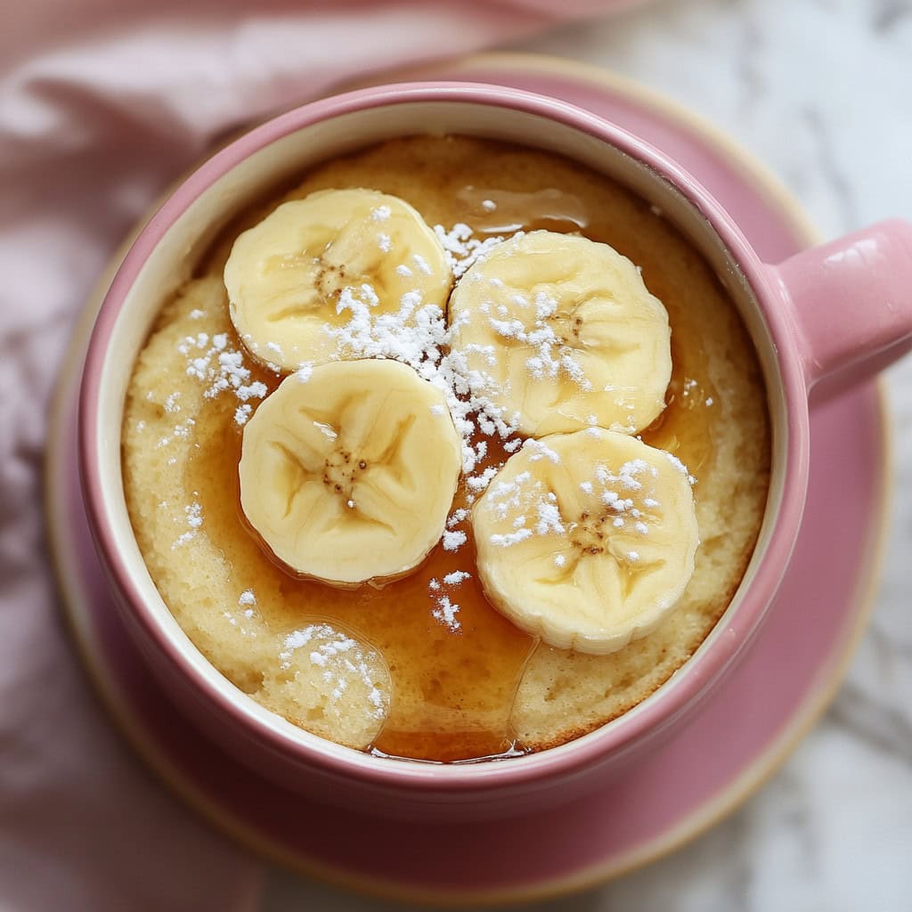 Pancake in a Mug topped with banana slices, syrup, and powdered sugar, top view