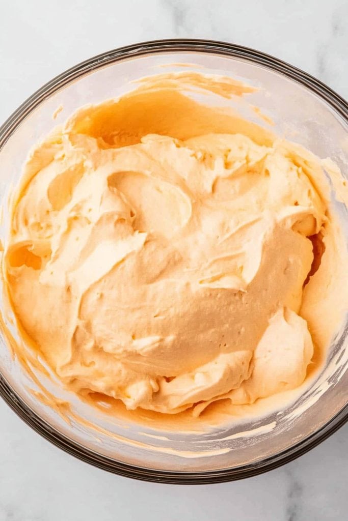 Orange flavored cheesecake filling in a large glass mixing bowl, top view.