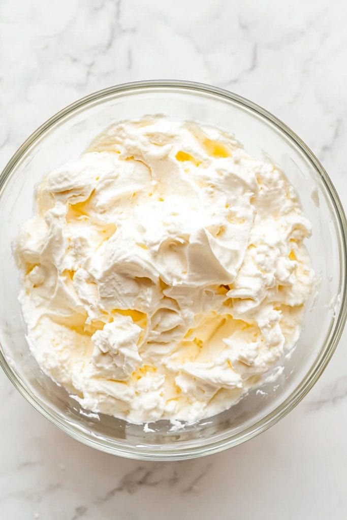 Creamy cheesecake filling in a large glass mixing bowl, top view