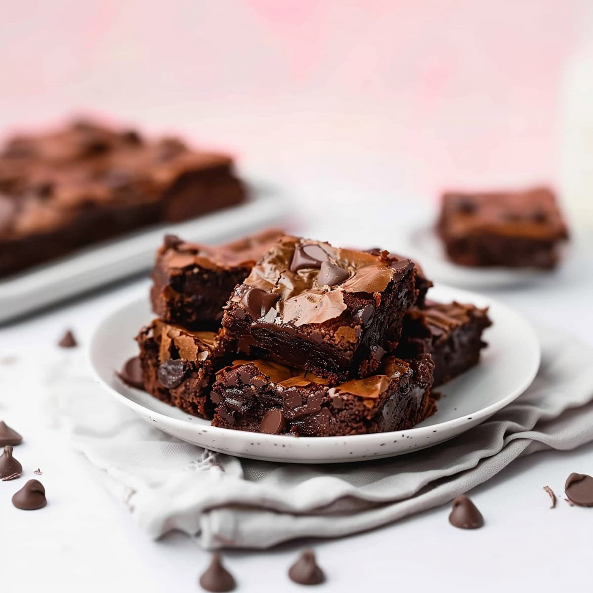 Homemade Nutella brownies cut into squares and served on a white plate.