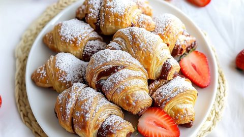 Nutella croissants served with fresh strawberries.
